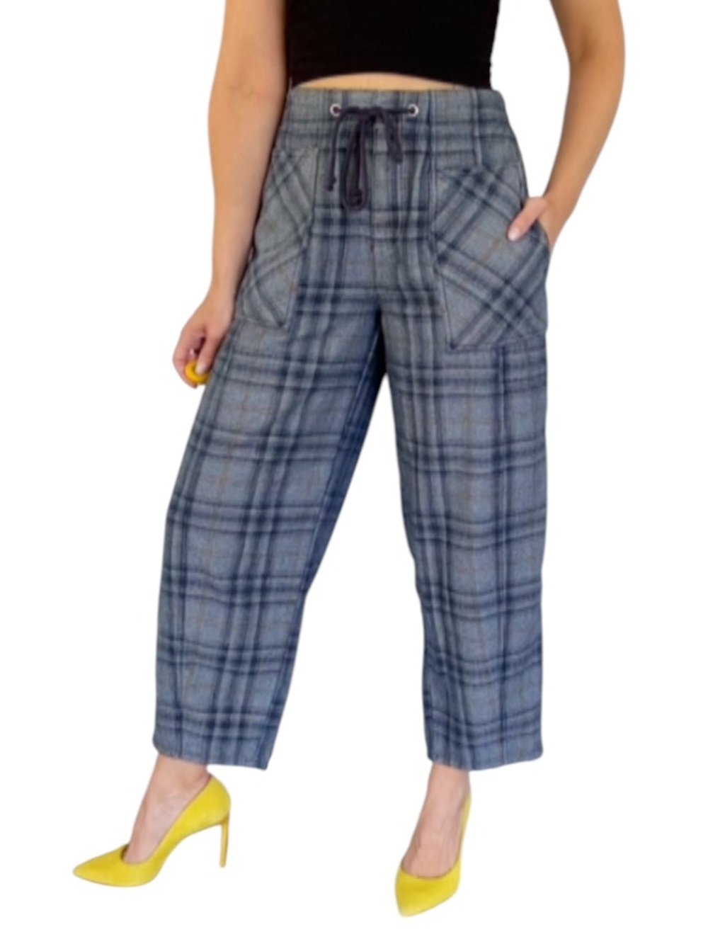 Mustard Seed blue plaid high rise wide leg crop length drawstring pants small